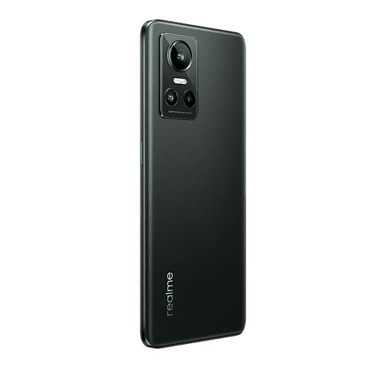 Rückseite eines schwarzen Realme-Smartphones mit rechteckigem Kameramodul oben links.