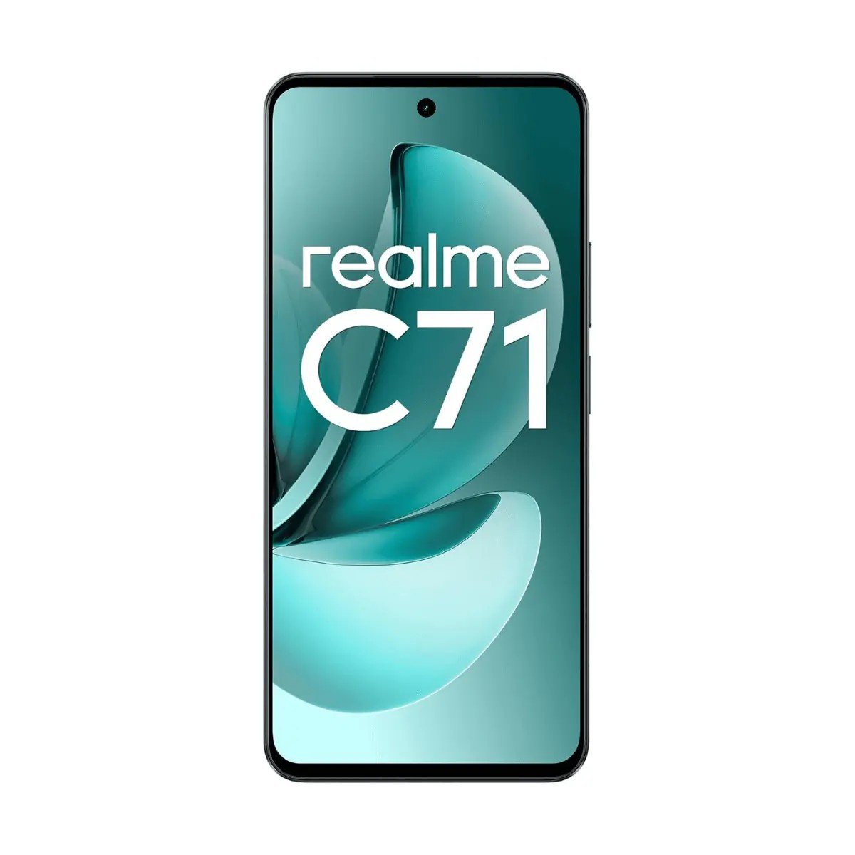 Uno smartphone Realme C71 nero mostra uno sfondo astratto turchese con il nome del marchio.