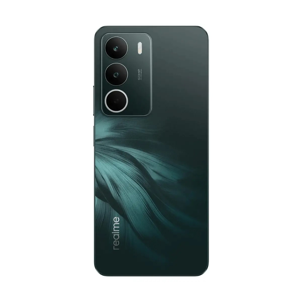 Retro di uno smartphone Realme verde scuro con modulo a tripla fotocamera verticale e motivo a piume.