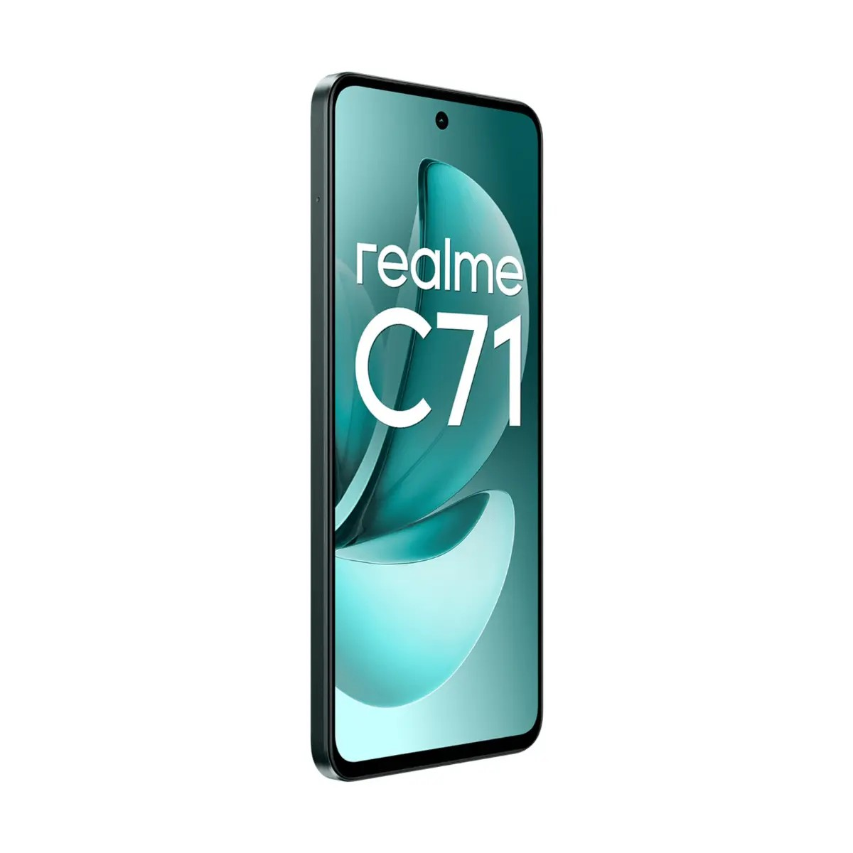 Uno smartphone Realme C71 nero che mostra uno sfondo verde con testo bianco.