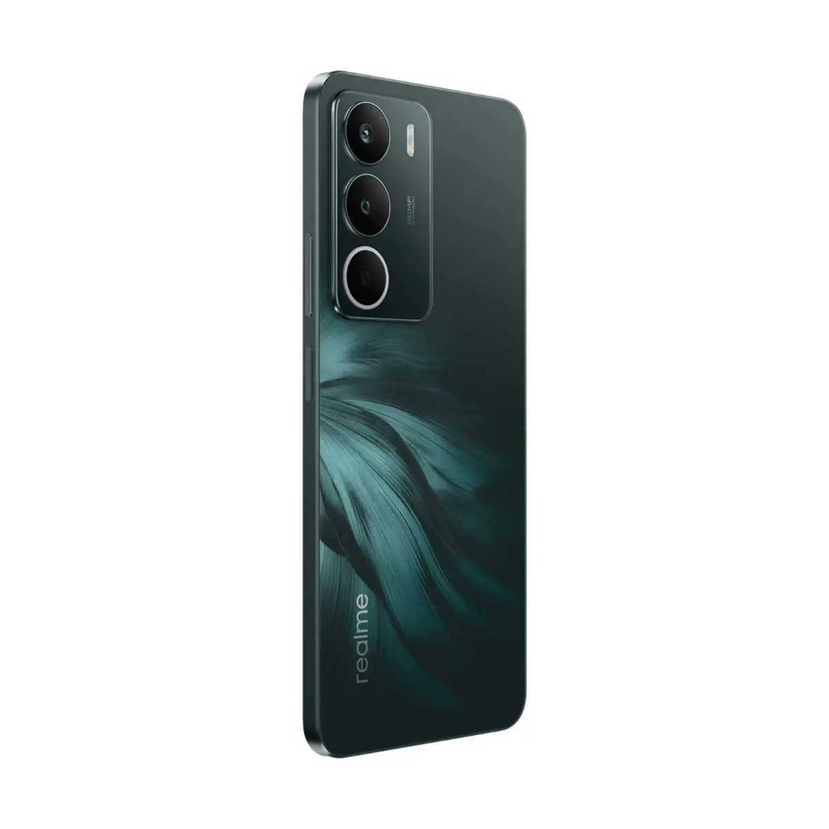 Smartphone Realme verde scuro dal retro, con tre obiettivi fotografici e un motivo a piuma.