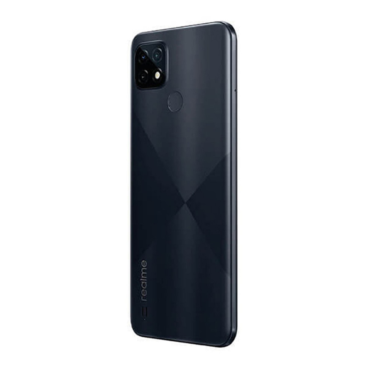 Rückseite eines schwarzen Realme-Smartphones mit rechteckigem Kameramodul, Fingerabdrucksensor und Markenlogo.
