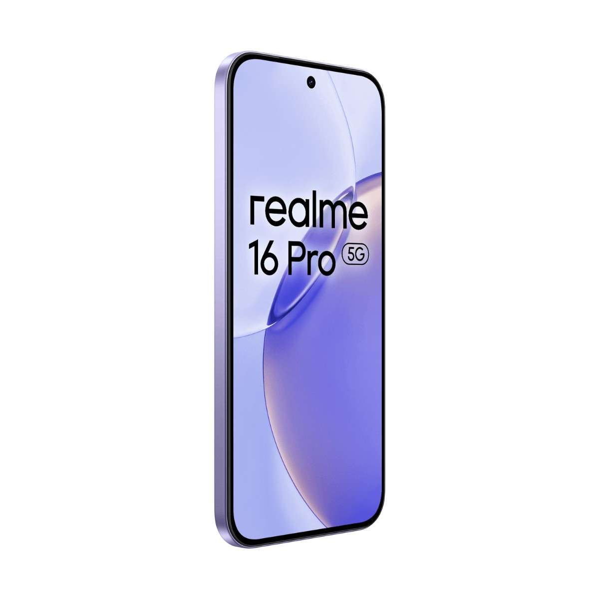 Un smartphone morado con el texto realme 16 Pro 5G en su pantalla.