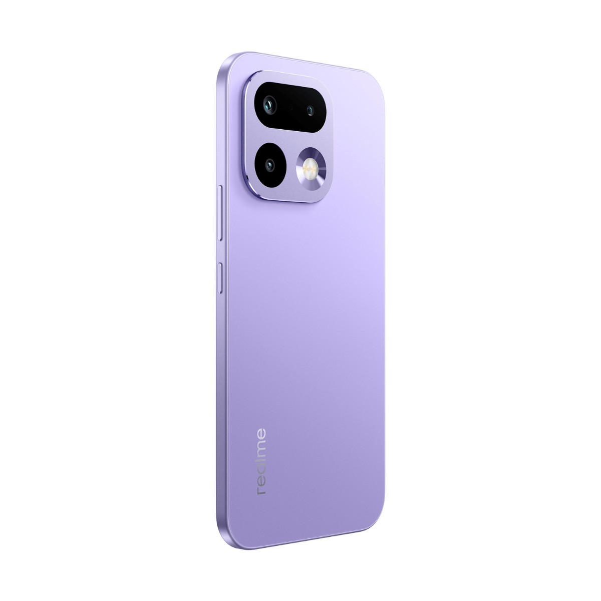 Smartphone morado desde atrás con un módulo de cámara cuadrado arriba a la izquierda y el logotipo de realme.