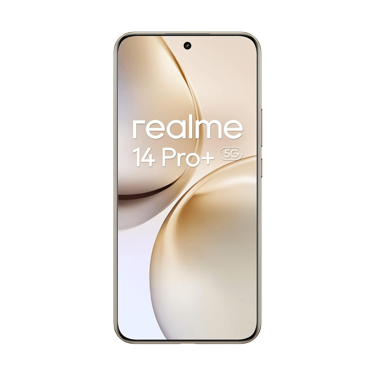 Smartphone che mostra 'realme 14 Pro+ 5G' sullo schermo su sfondo chiaro.