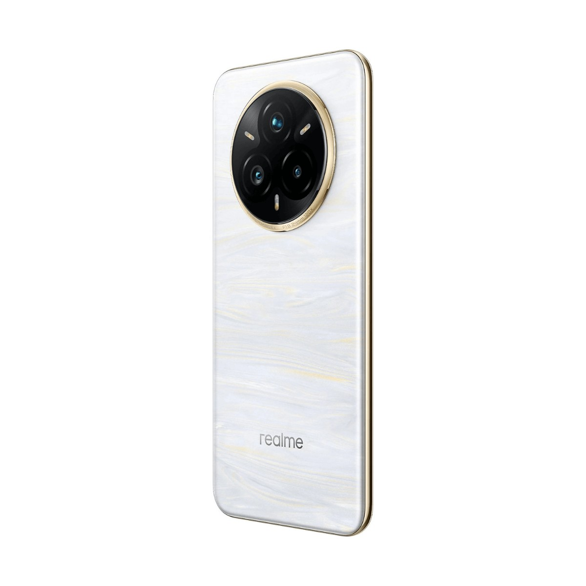 Retro di uno smartphone Realme bianco con motivo marmorizzato e grande modulo fotocamera circolare.