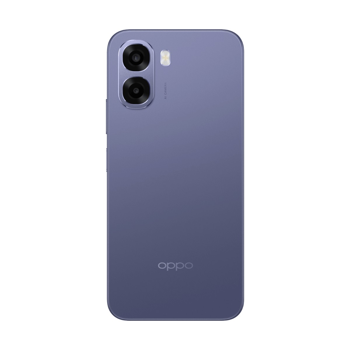 Il retro di uno smartphone Oppo viola con un modulo a doppia fotocamera e il logo del marchio.