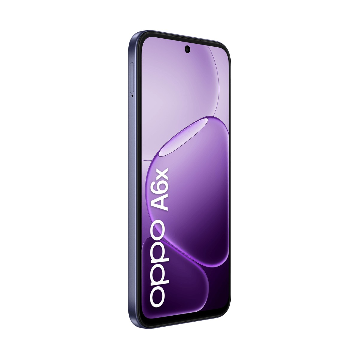 Uno smartphone Oppo A6x viola si trova in piedi su uno sfondo bianco.