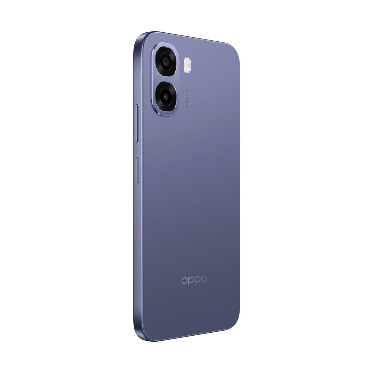 Retro di uno smartphone Oppo viola con doppia fotocamera verticale e logo.