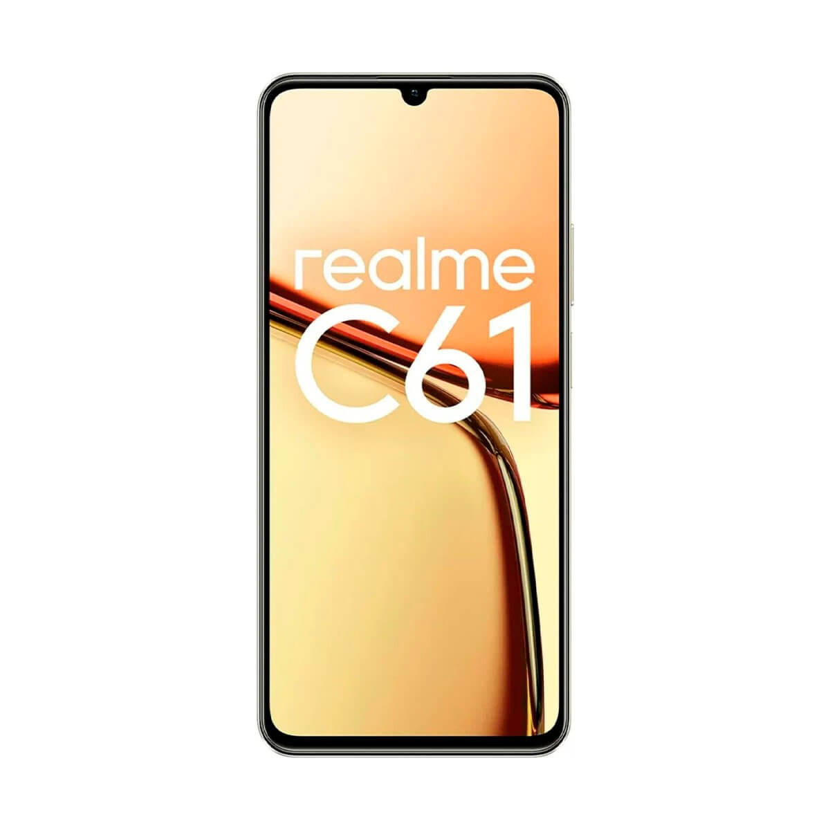 Uno smartphone con schermo bezel-less che mostra il logo Realme C61 su sfondo dorato.