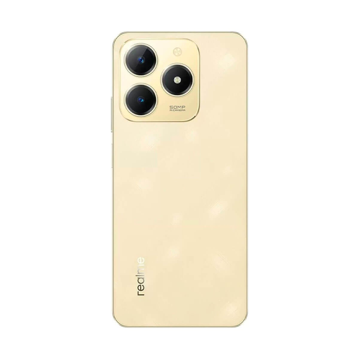 Smartphone oro con tripla fotocamera e logo Realme sul pannello posteriore.