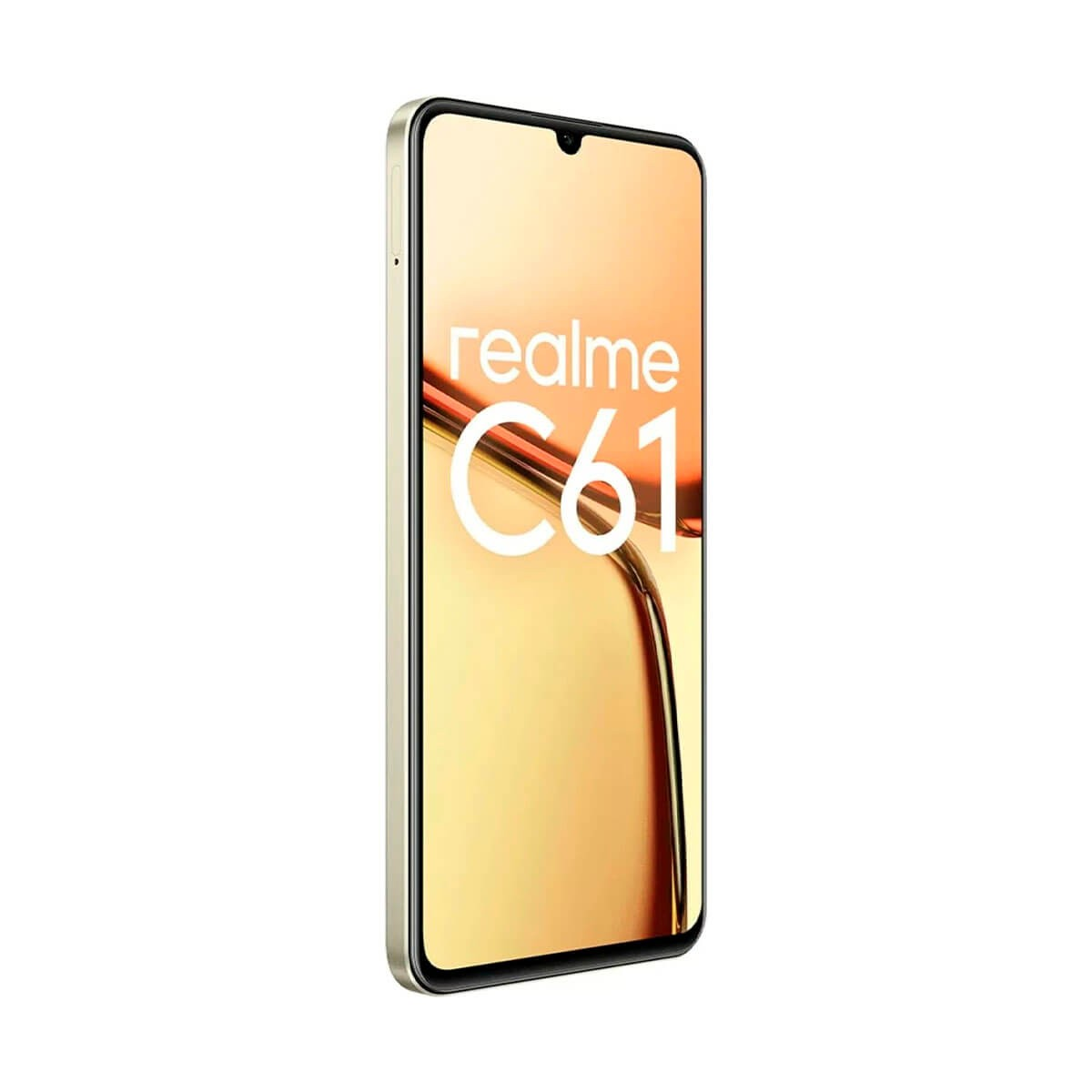 Uno smartphone Realme C61 dorato si trova in posizione verticale su sfondo bianco, mostrando il marchio sullo schermo.