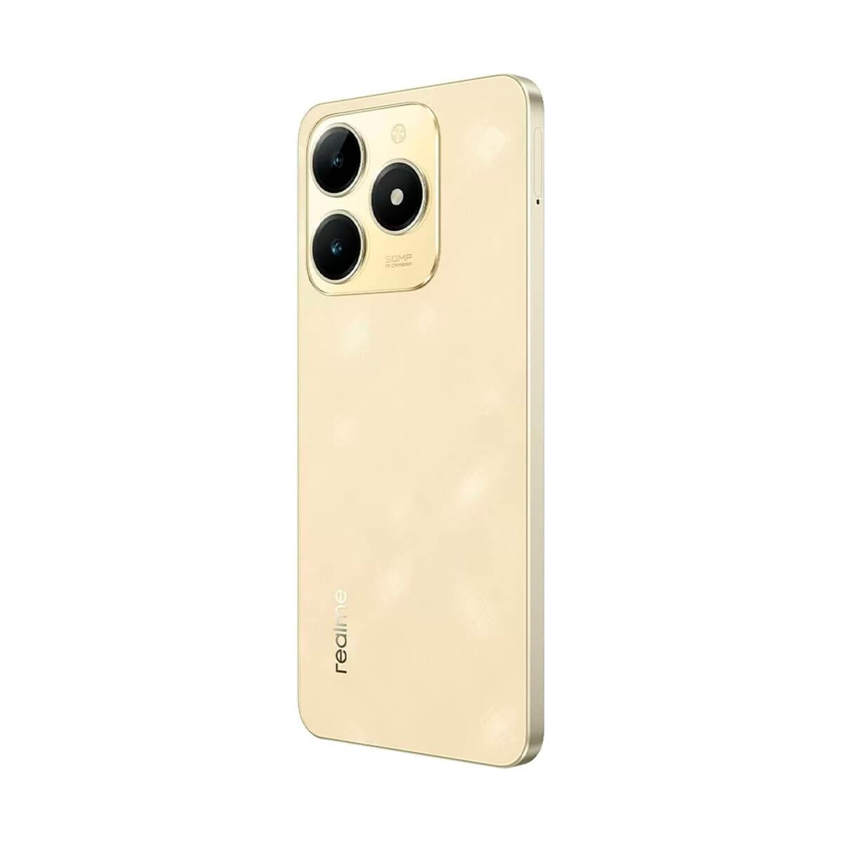 Uno smartphone Realme color oro inclinato verticalmente, che mostra il pannello posteriore, la tripla fotocamera e il logo.
