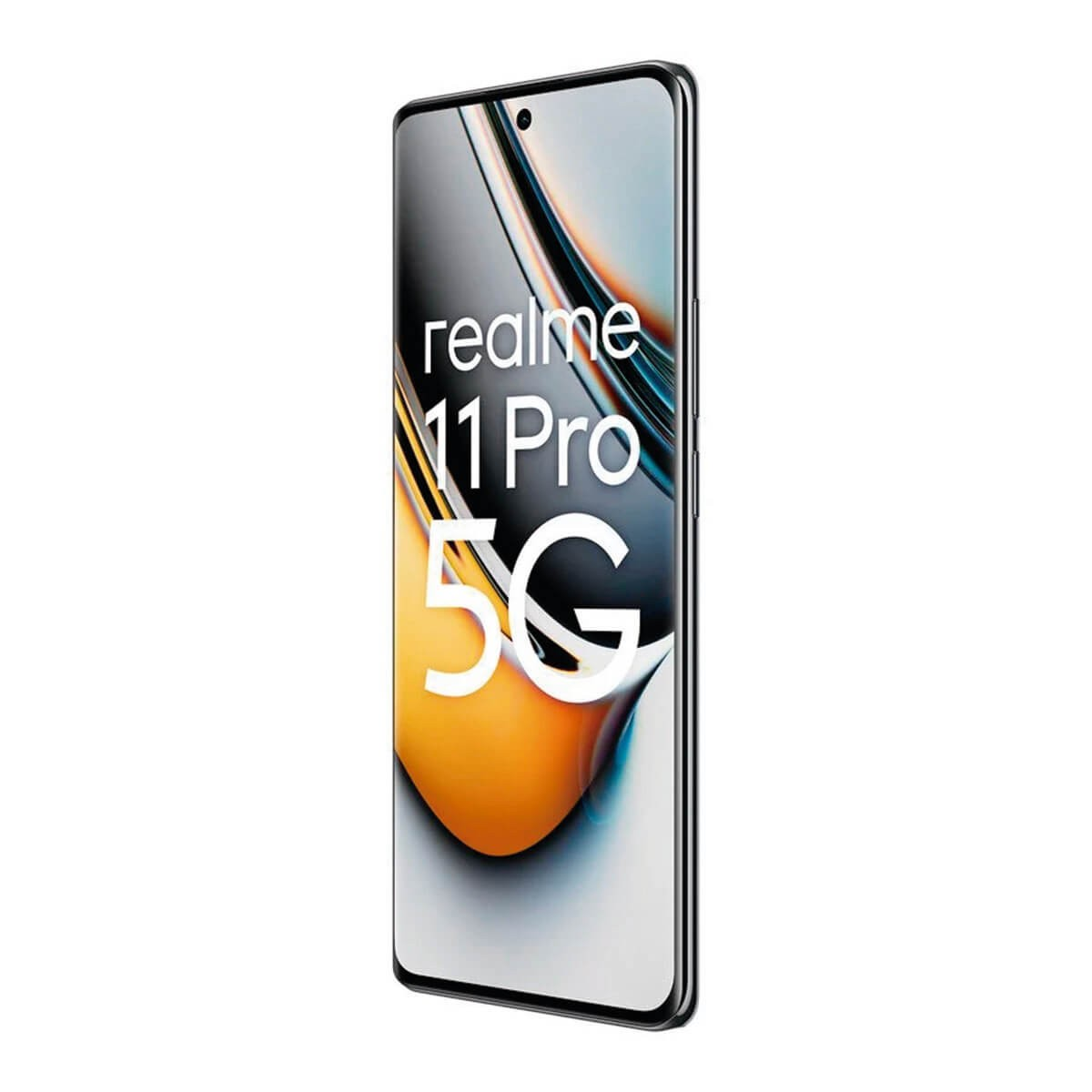 Ein schwarzes Realme 11 Pro 5G Smartphone steht aufrecht auf weißem Hintergrund und zeigt ein orange-blaues Display.