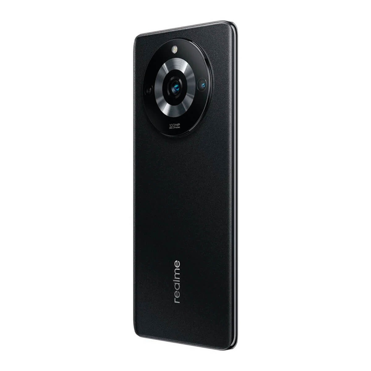 Rückseite eines schwarzen Realme-Smartphones mit großem, rundem Kameramodul oben und weißem Logo unten.