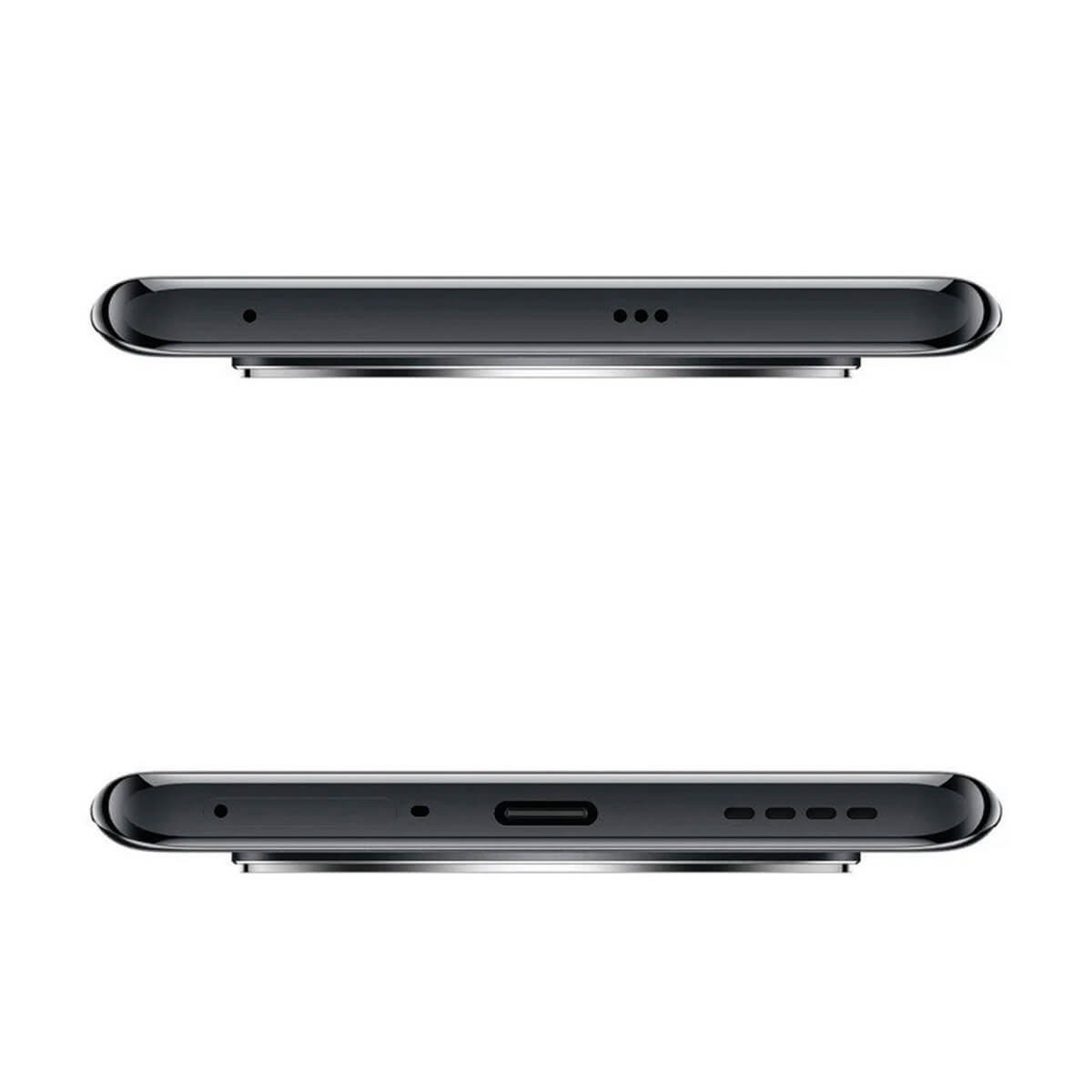 Ansicht der Ober- und Unterseite eines schwarzen Smartphones mit Anschlüssen, Mikrofonen und Lautsprechern.