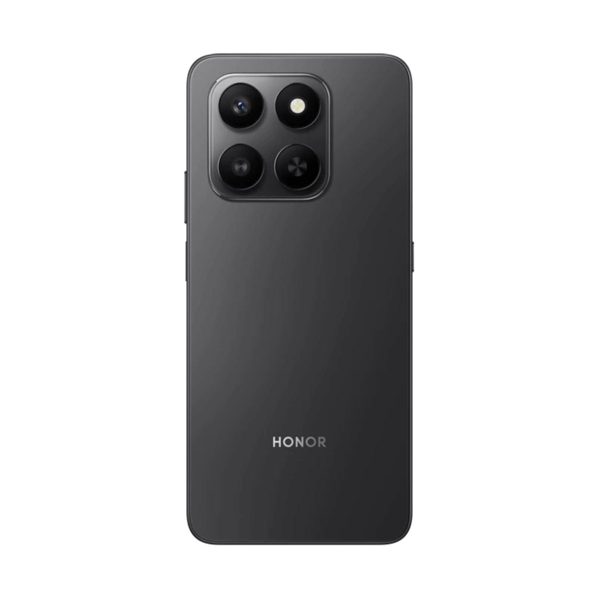 Retro di uno smartphone Honor grigio scuro con modulo fotocamera quadrato a quattro lenti e logo Honor.