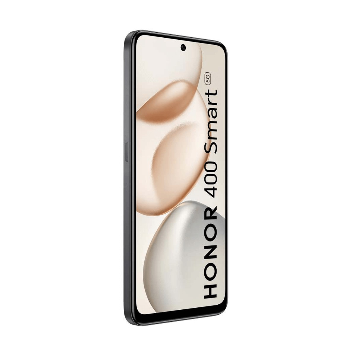 Uno smartphone nero Honor 400 Smart inclinato mostra un display con bolle beige e grigie.