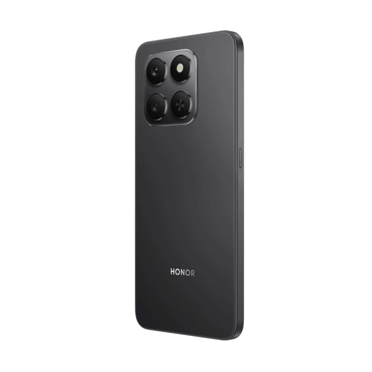 Retro di uno smartphone Honor nero con quadrupla fotocamera e logo su sfondo bianco.