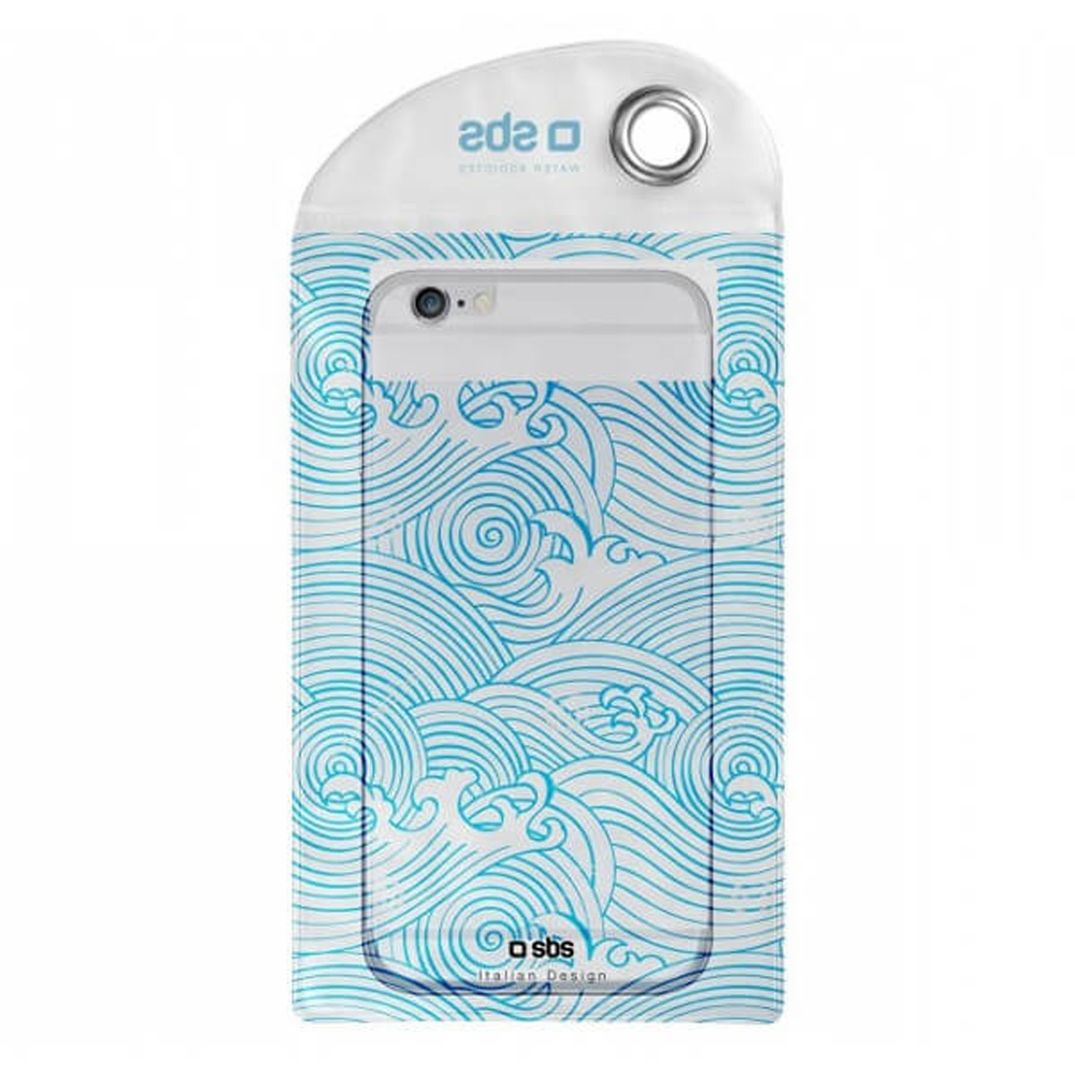 Una custodia impermeabile per telefono con motivo a onde blu e bianche, contenente uno smartphone su sfondo bianco.