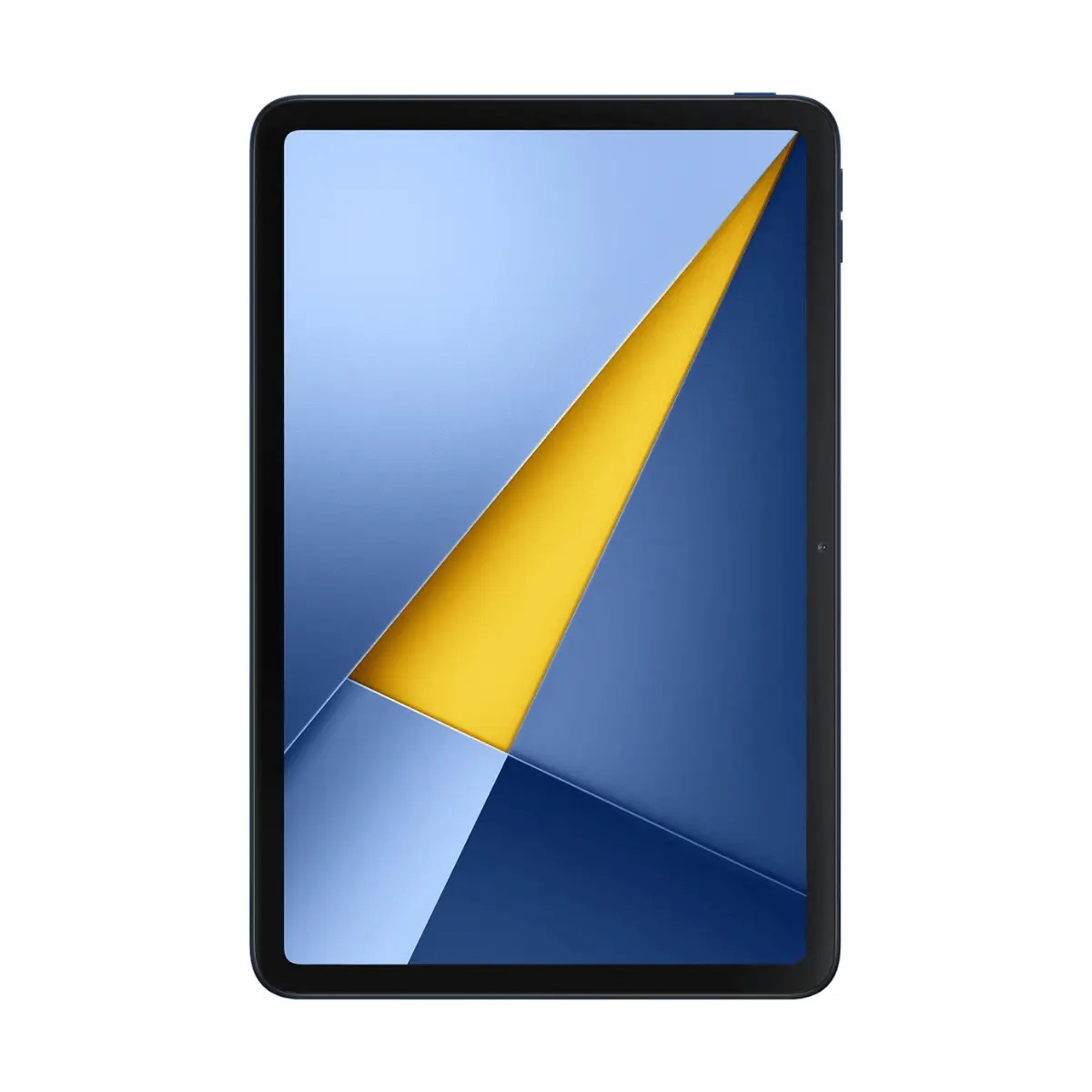 Ein Tablet mit dunklem Rahmen und einem abstrakten blau-gelben Hintergrundbild.