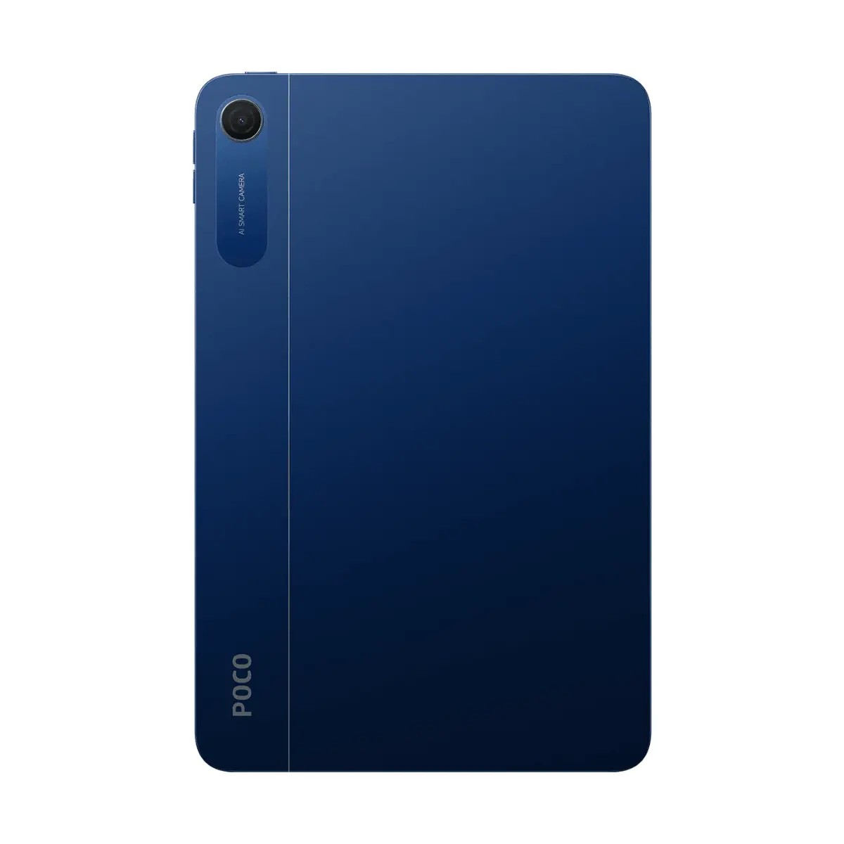 Rückseite eines blauen POCO-Tablets mit einzelner Kamera und zweifarbigem Streifendesign.