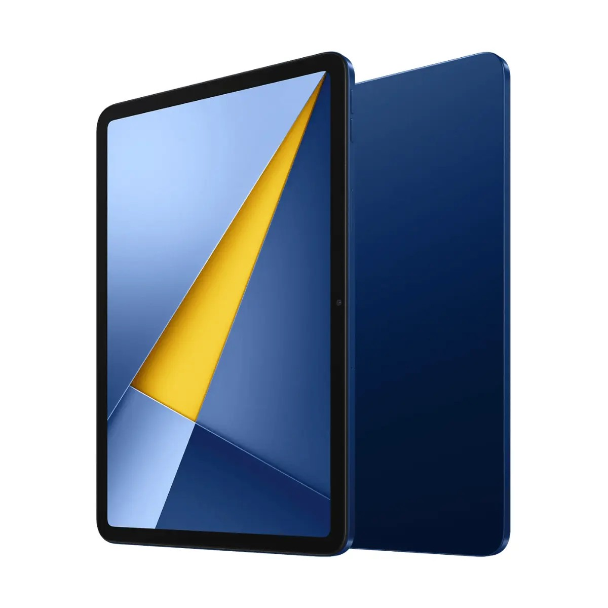 Ein blauer Tablet-PC steht aufrecht, zeigt den Bildschirm vorne und die glatte Rückseite.