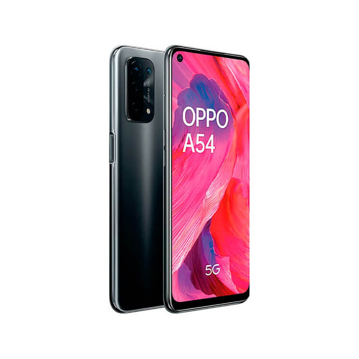 Zwei schwarze Oppo A54 5G Smartphones, eines zeigt die Front mit Farbdisplay, das andere die Rückkamera.