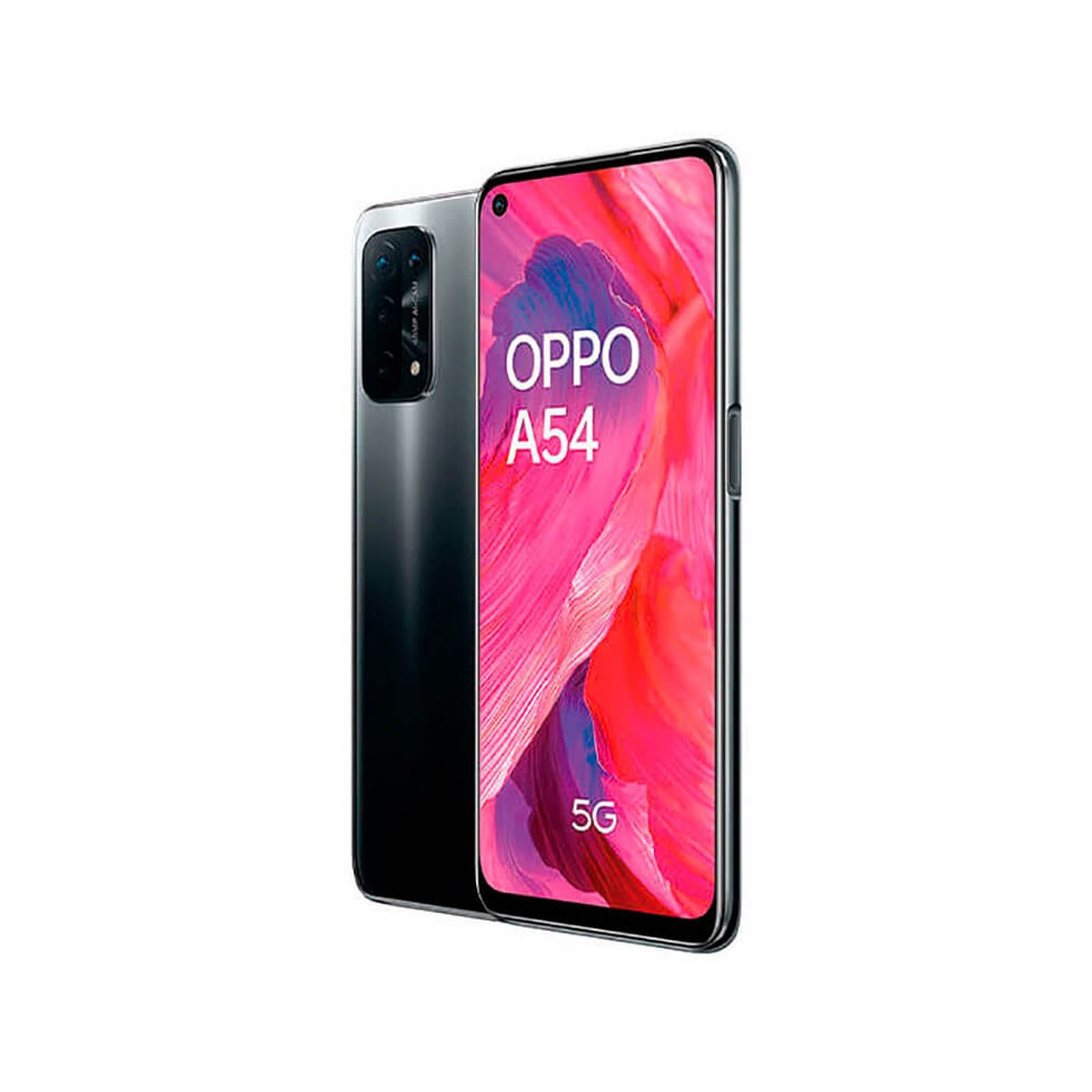Zwei Oppo A54 5G Smartphones auf weißem Hintergrund, eins zeigt die Vorderseite und das andere die Rückseite.