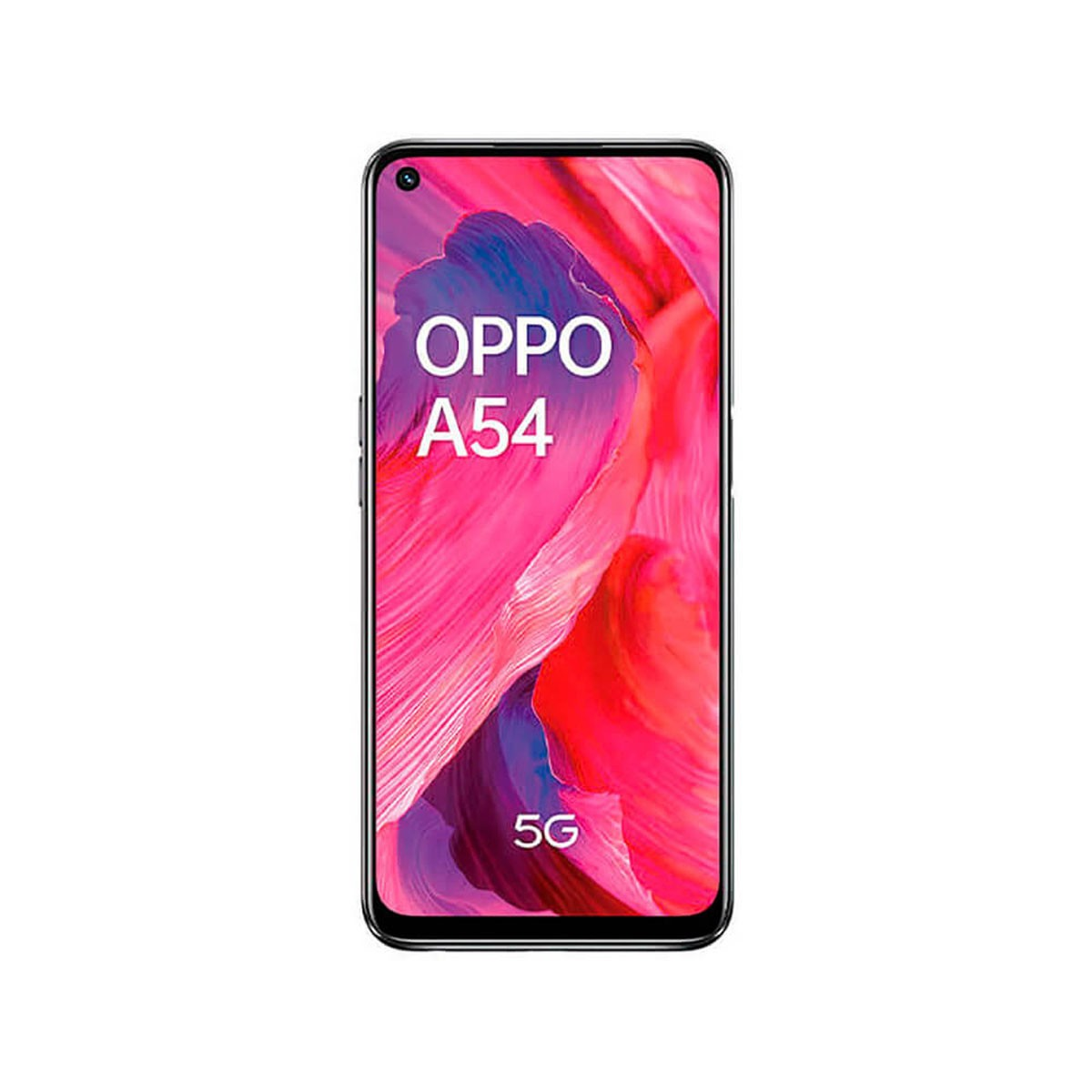 Das Oppo A54 5G Smartphone zeigt ein lebendiges pink- und violettfarbenes Hintergrundbild auf dem Bildschirm.