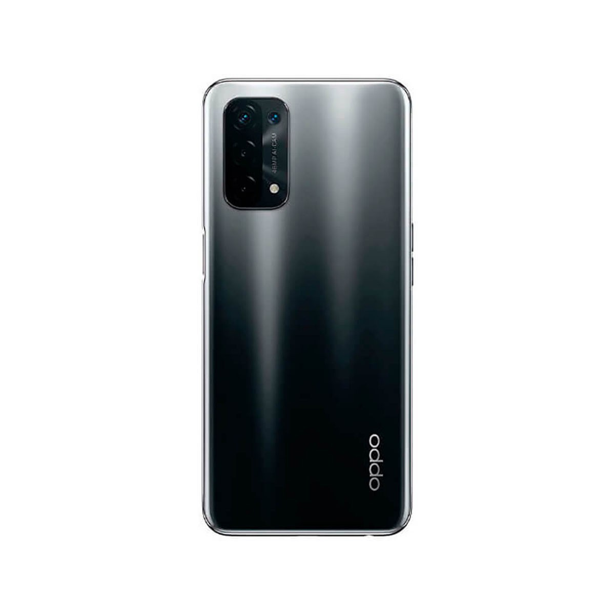 Rückseite eines dunkelgrauen Oppo-Smartphones mit Dreifach-Kameramodul und Markenlogo.