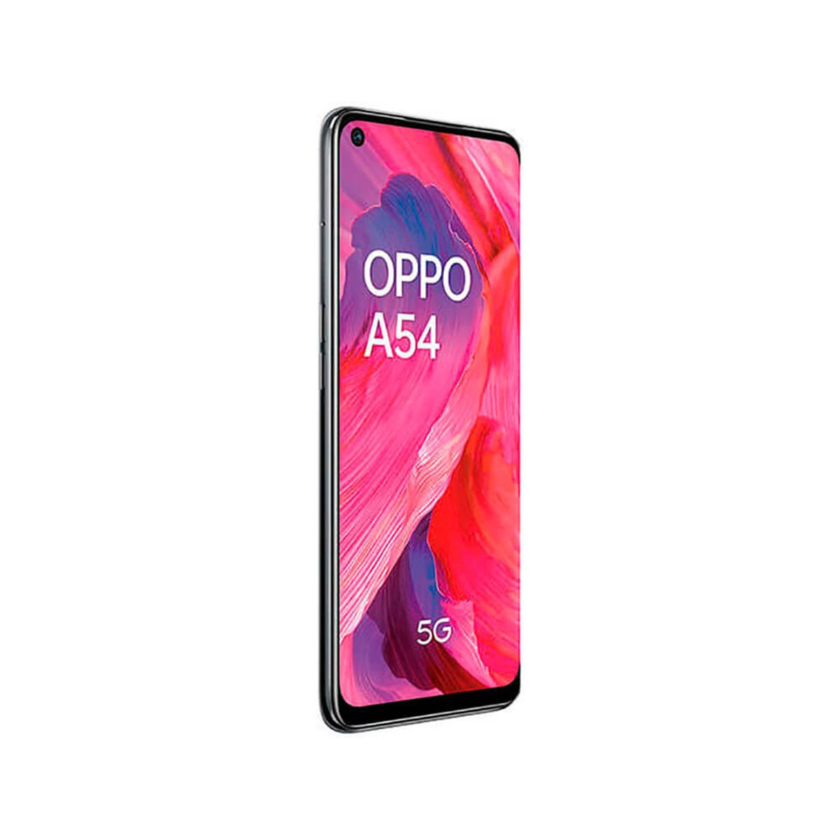 Ein Oppo A54 5G Smartphone nach rechts geneigt, zeigt einen lebendigen rosa Bildschirm mit weißem Branding und Kamera.