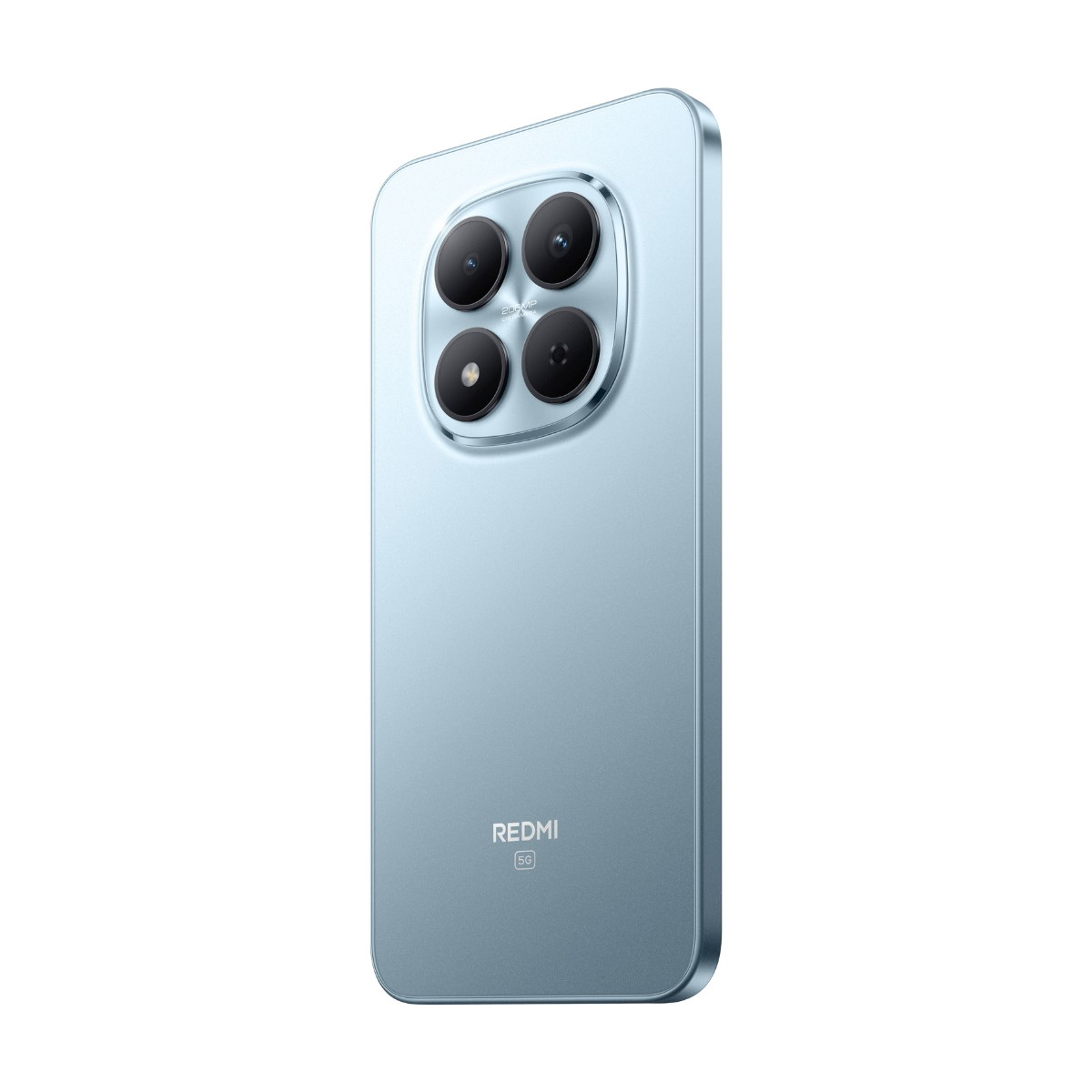 Retro di uno smartphone Redmi azzurro con quattro obiettivi fotografici in un modulo quadrato e logo 5G.