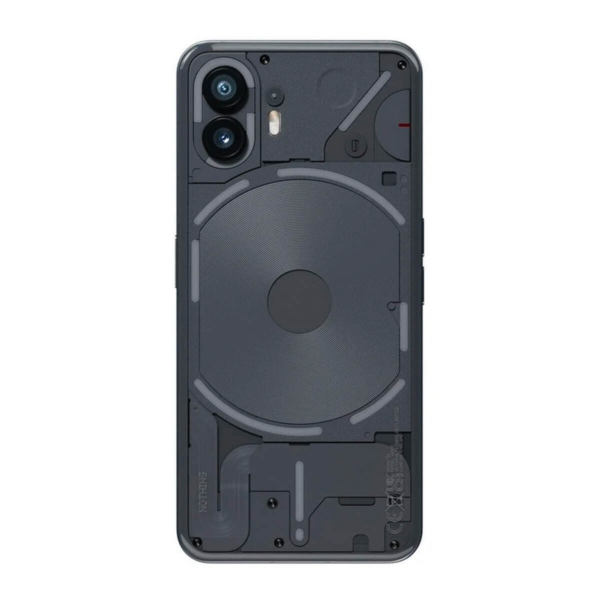 Rückseite eines grauen Smartphones mit transparentem Design, zwei Kameras oben links und runden Mustern.