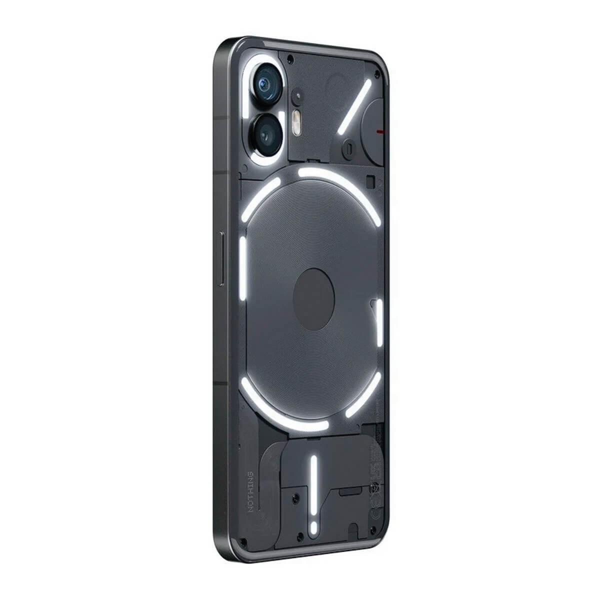 Rückseite eines schwarzen Nothing Phone mit beleuchteten LED-Streifen und Doppelkamera.
