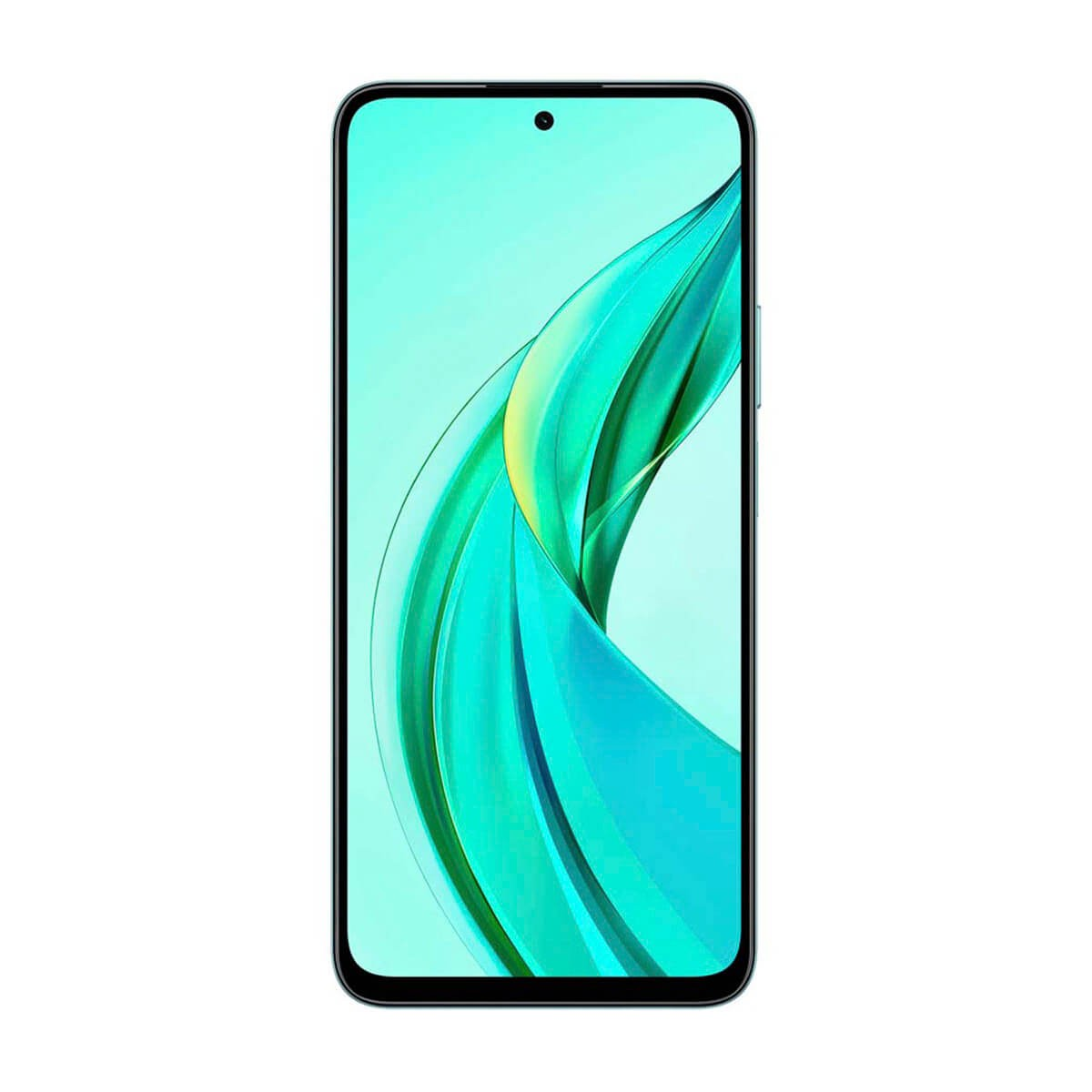 Uno smartphone che mostra uno sfondo a onde astratte verde acqua.