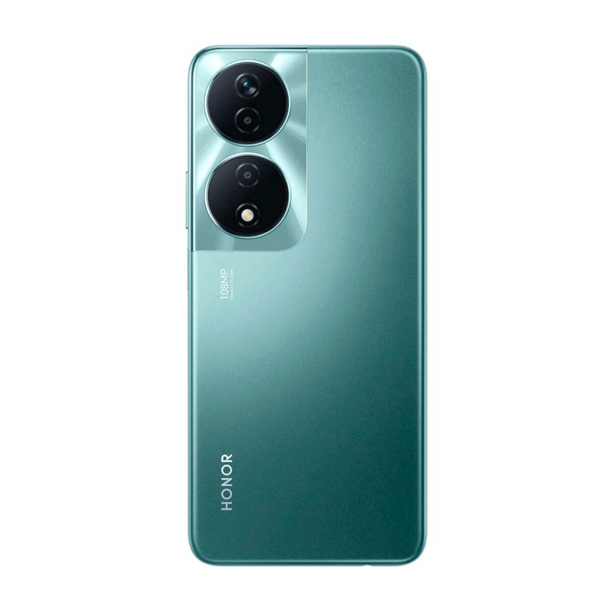 Retro di uno smartphone Honor verde menta con modulo fotocamera verticale e logo 108MP.