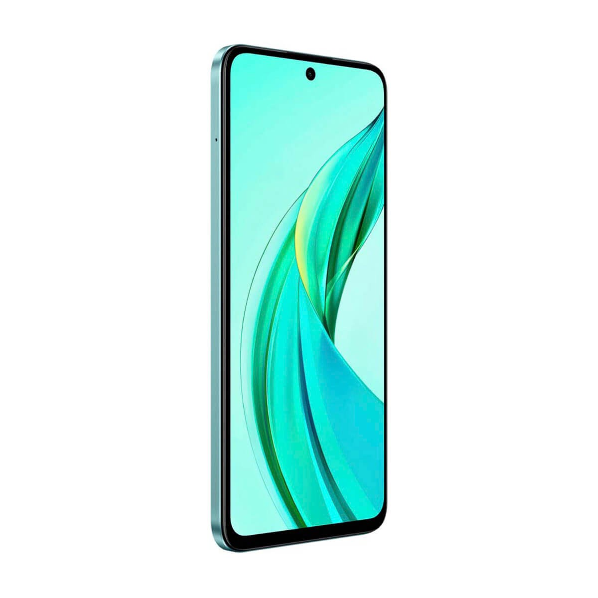 Uno smartphone azzurro con uno sfondo dello schermo astratto turchese vibrante su sfondo bianco.