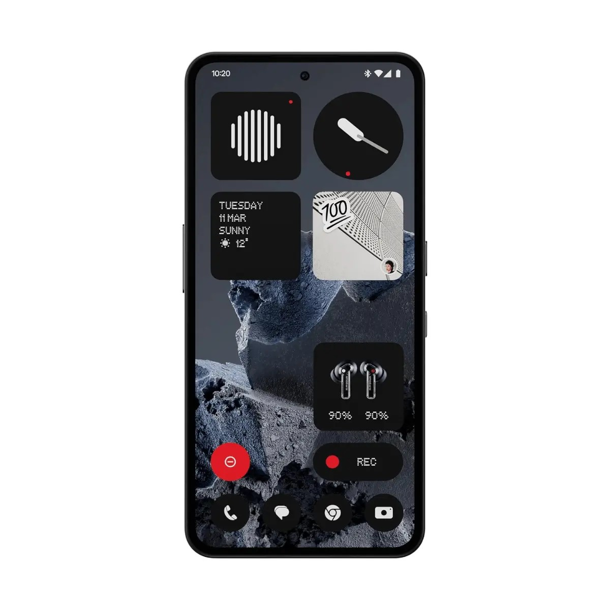 Uno smartphone nero mostra un'interfaccia scura con widget astratti e accenti rossi.