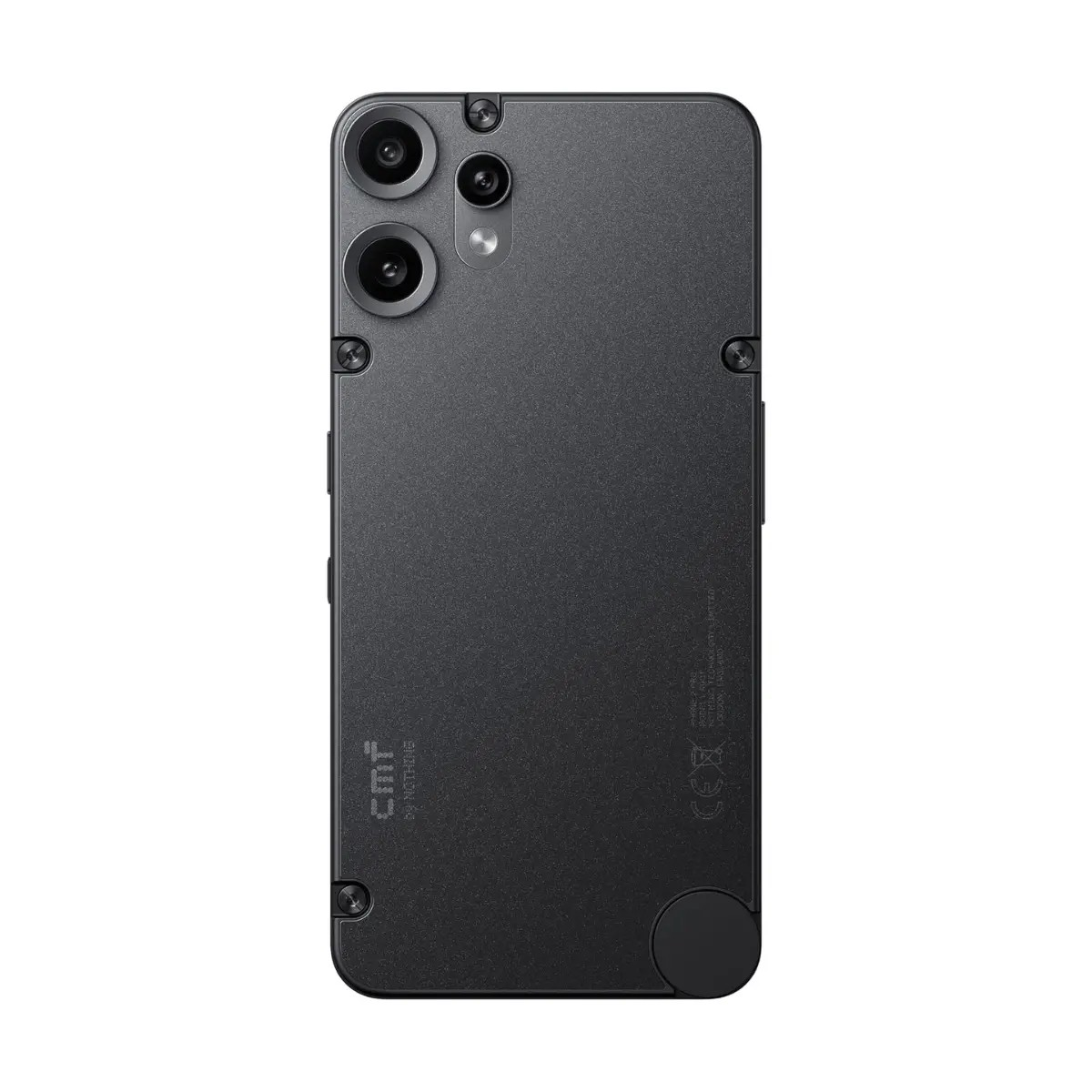 Il retro di un elegante smartphone grigio scuro mostra due fotocamere, un flash, viti visibili e il logo CMF.