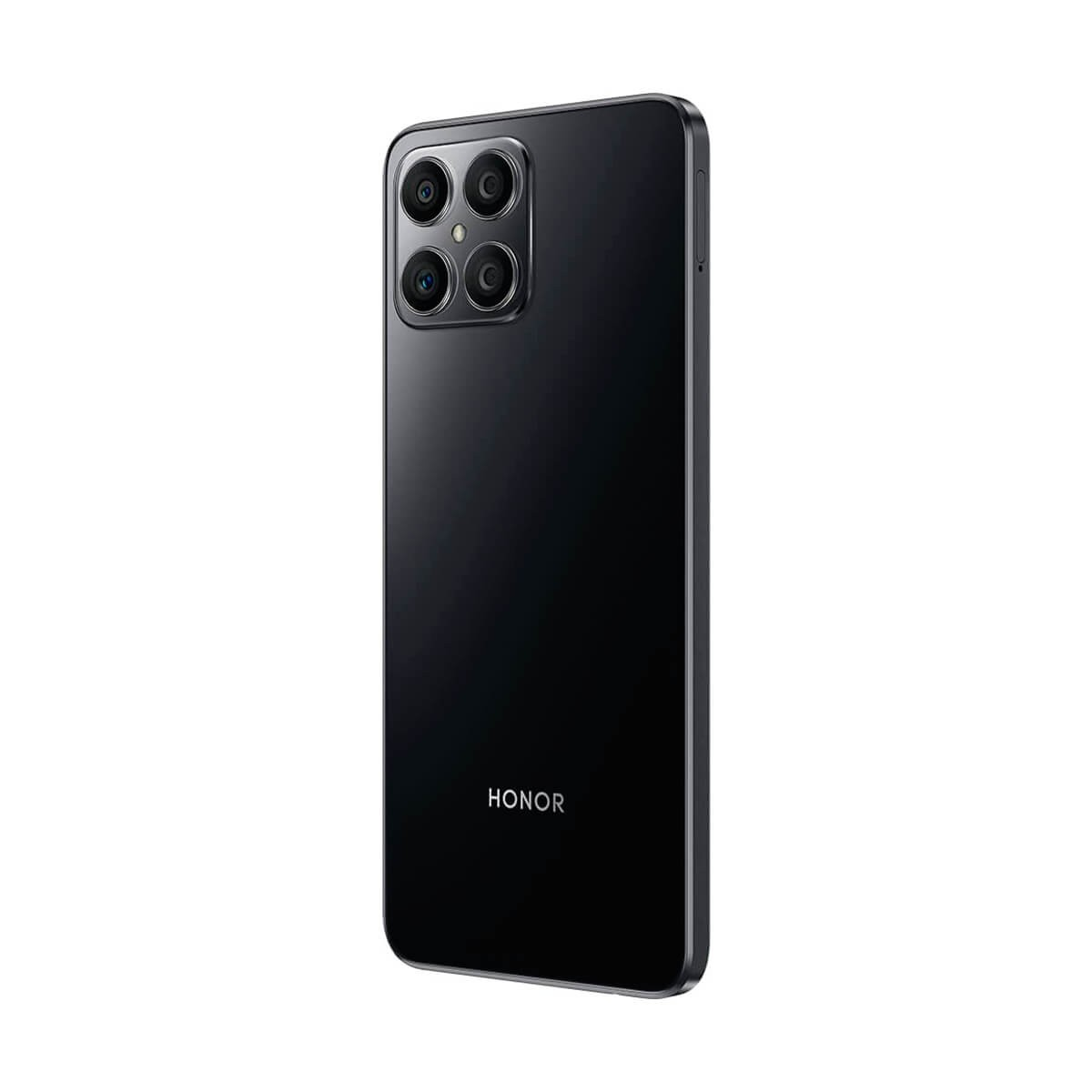 Parte trasera de un smartphone Honor negro con cuatro módulos de cámara en un bloque cuadrado.