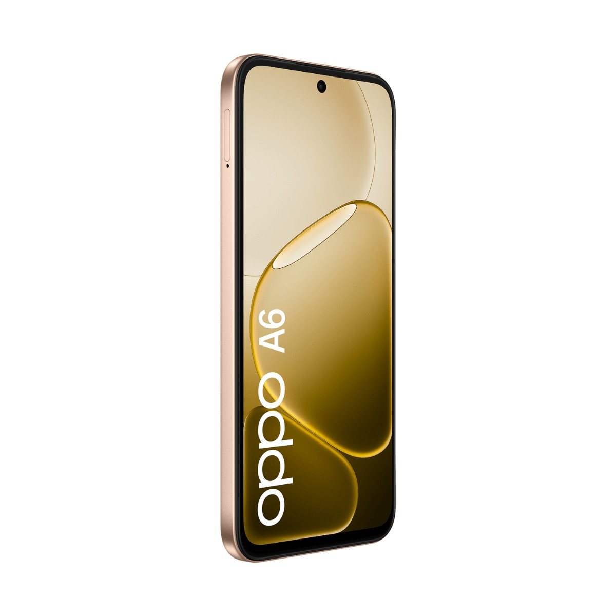Un smartphone Oppo A6 doré affichant un fond d'écran abstrait, incliné sur fond blanc.