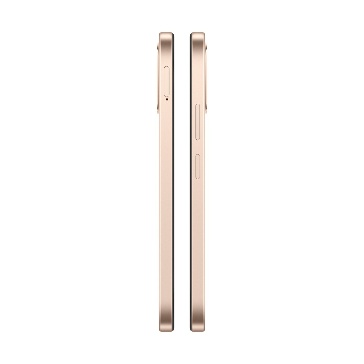 Vue latérale de deux smartphones en or rose avec des boutons.