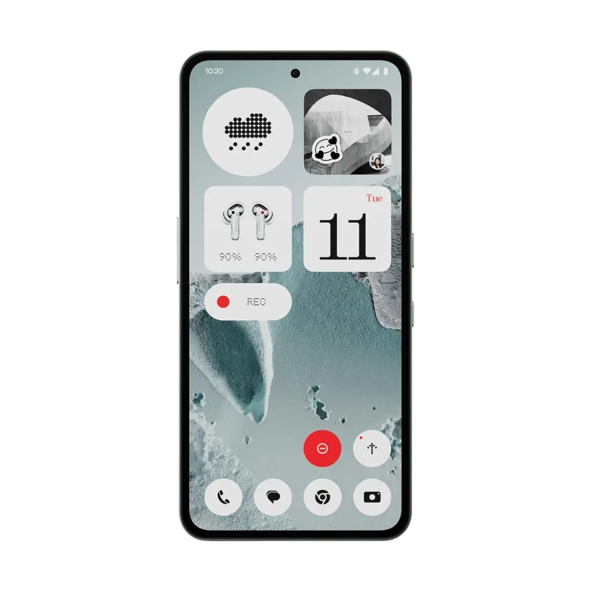 Uno smartphone con schermata iniziale minimalista con widget bianchi e sfondo azzurro.