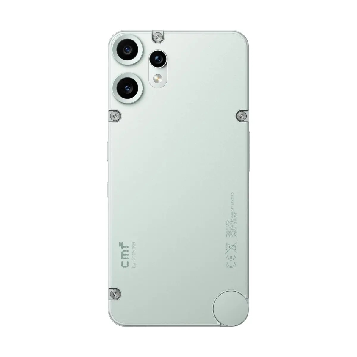 Retro di uno smartphone verde chiaro con due fotocamere, viti a vista e logo in basso a sinistra.