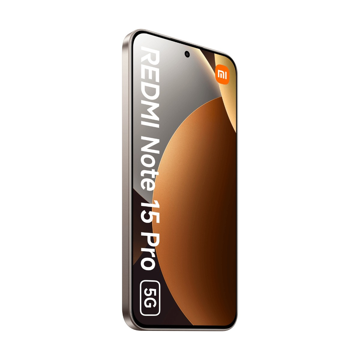 Smartphone Redmi Note 15 Pro 5G in verticale con testo sullo schermo e sfondo marrone.