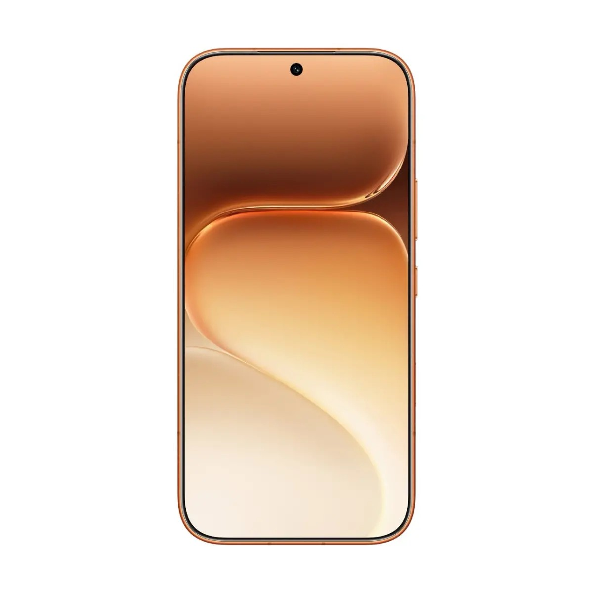 Uno smartphone con cornice color rame e uno sfondo astratto e ondulato sullo schermo.