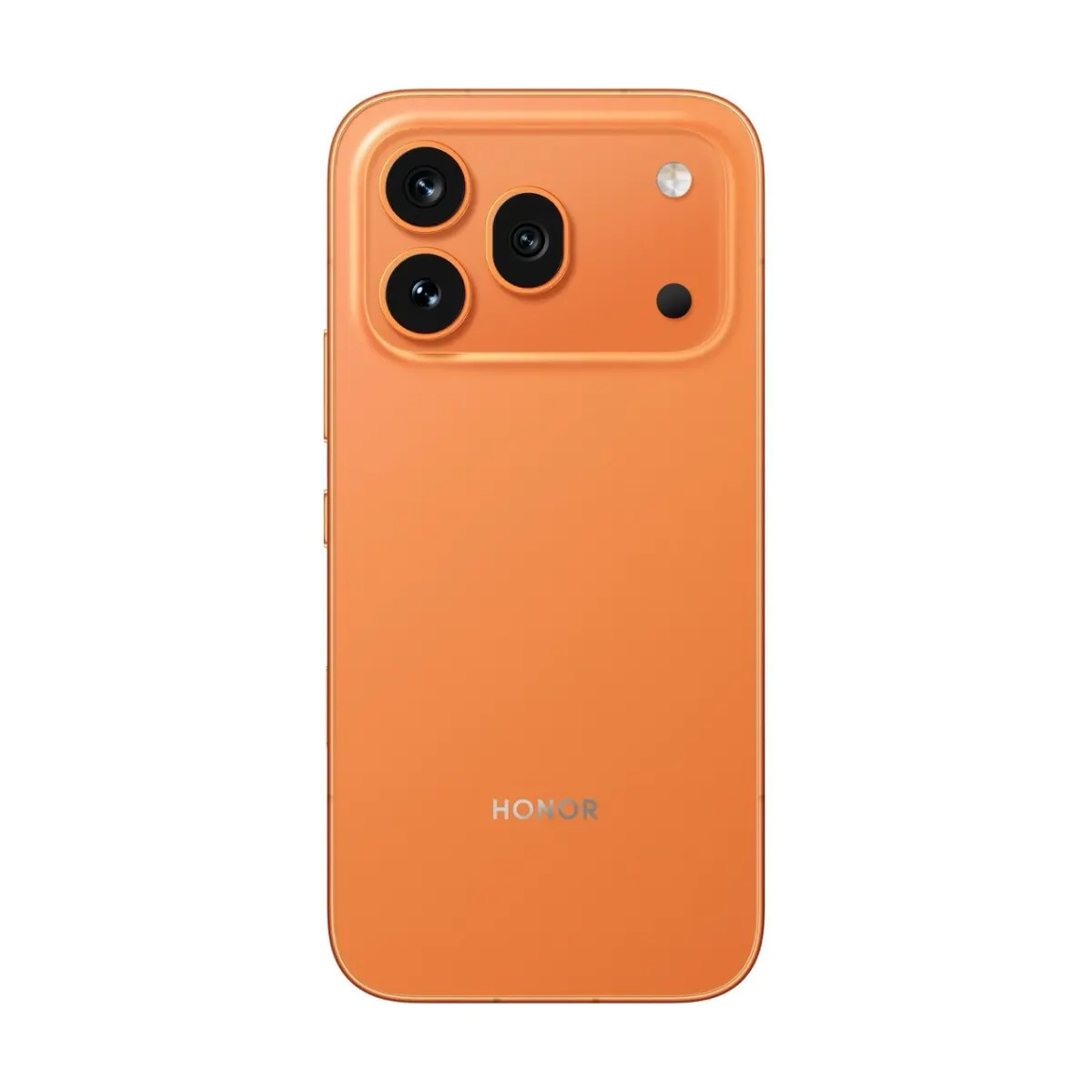 Retro di uno smartphone arancione con tre fotocamere e il logo Honor.