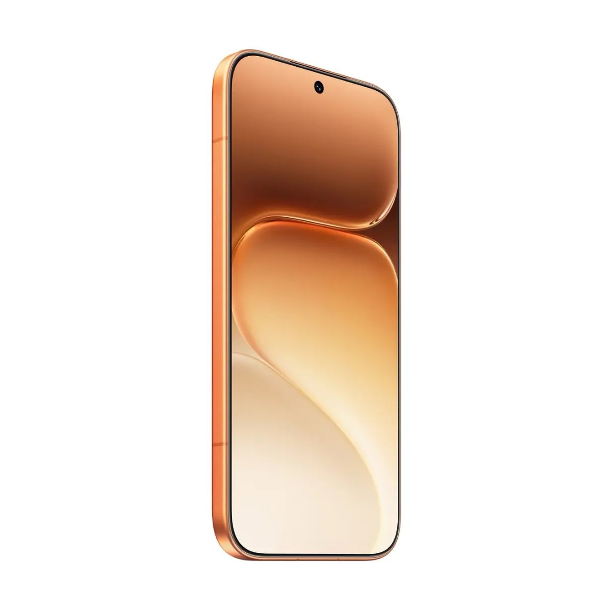 Uno smartphone color rame con un motivo a onde arancioni e beige sullo schermo su sfondo bianco.