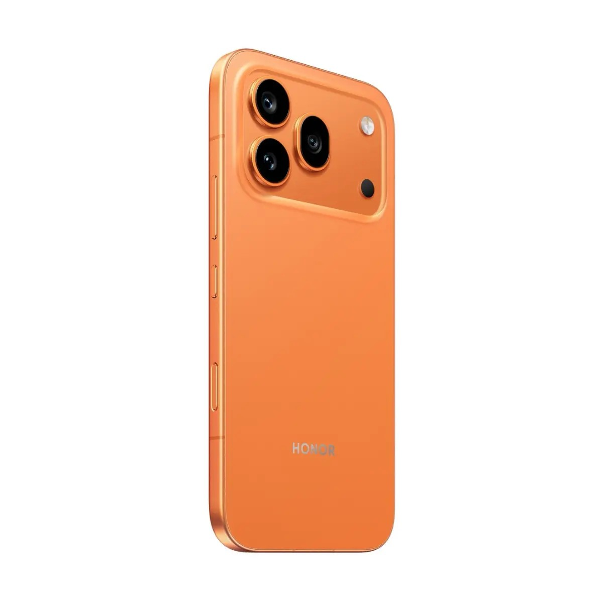 Retro di uno smartphone Honor arancione con modulo a tripla fotocamera e logo argento su sfondo bianco.
